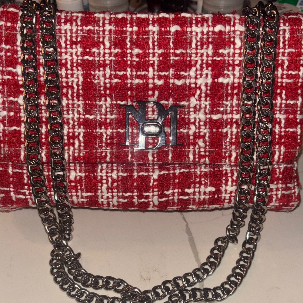 Badgley Mischka Red and White Tweed Shoulder Bag (Brand New)